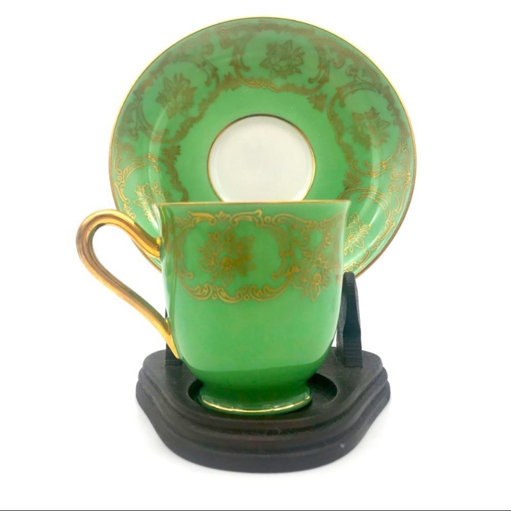 PT Tirschenreuth Green With Gold Demitasse Tea Cup & Saucer Set